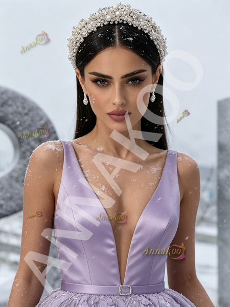Shop 2026 ANNAKOO Lavender Satin Lace Flower Ball Gown Belt Prom Dress Under 298