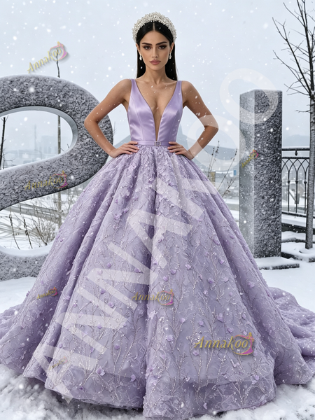 Shop 2026 ANNAKOO Lavender Satin Lace Flower Ball Gown Belt Prom Dress Under 298