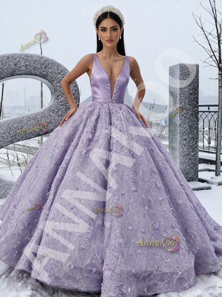 Shop 2026 ANNAKOO Lavender Satin Lace Flower Ball Gown Belt Prom Dress Under 298