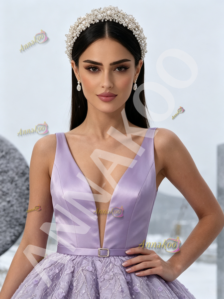 Shop 2026 ANNAKOO Lavender Satin Lace Flower Ball Gown Belt Prom Dress Under 298