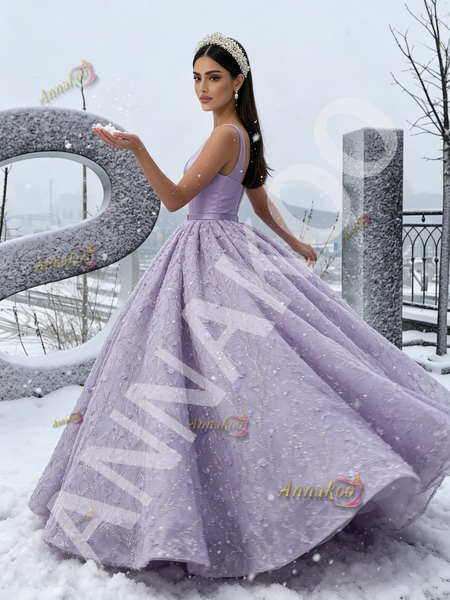 Shop 2026 ANNAKOO Lavender Satin Lace Flower Ball Gown Belt Prom Dress Under 298