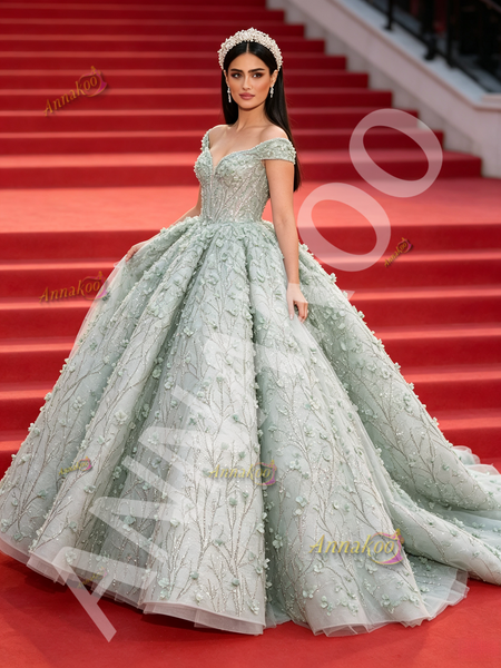Green Off The Shoulder Ball Gown Flowers Sequin Tulle Prom Dress