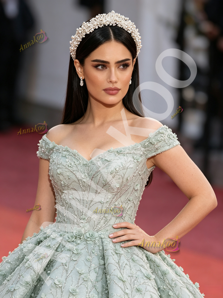 Green Off The Shoulder Ball Gown Flowers Sequin Tulle Prom Dress