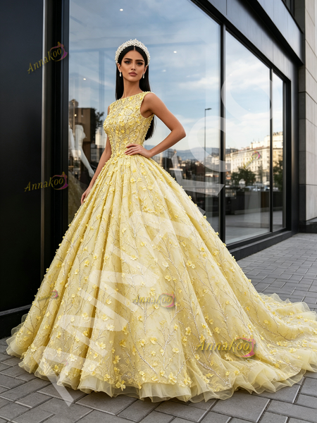 Shop 2026 ANNAKOO Bateau Ball Gown Yellow Tulle Floral Sequin Prom Dress Under 398