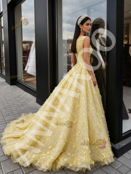 Shop 2026 ANNAKOO Bateau Ball Gown Yellow Tulle Floral Sequin Prom Dress Under 398