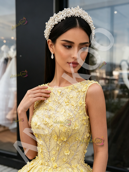 Shop 2026 ANNAKOO Bateau Ball Gown Yellow Tulle Floral Sequin Prom Dress Under 398