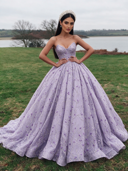 Shop 2026 ANNAKOO Purple Sweetheart Ball Gown Floral Lace Tulle Prom Dress Under 398