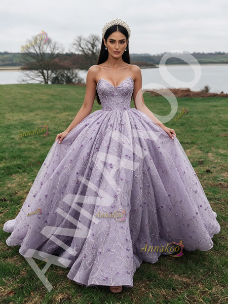 Shop 2026 ANNAKOO Purple Sweetheart Ball Gown Floral Lace Tulle Prom Dress Under 398