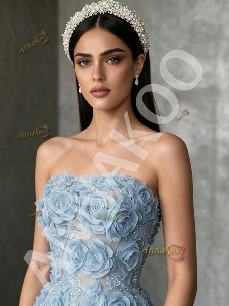 Shop 2026 ANNAKOO Blue Tulle Strapless Rose Sequin Beading A Line Prom Dress With Slit Under 298