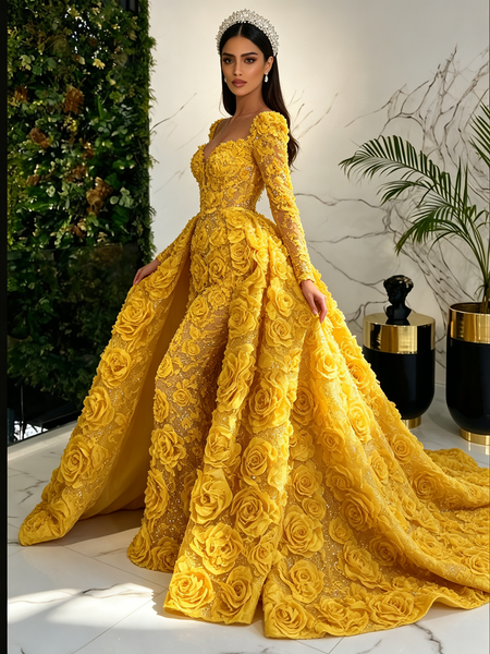 Shop 2026 ANNAKOO Yellow V Neck Trumpet Mermaid Detachable Train Rose Beading Prom Dress Under 498