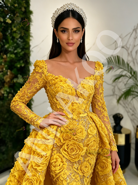 Shop 2026 ANNAKOO Yellow V Neck Trumpet Mermaid Detachable Train Rose Beading Prom Dress Under 498