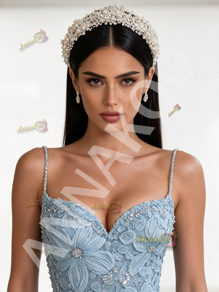 Shop 2026 ANNAKOO Light Blue Spaghetti Straps Tulle Rose Beading Sheath Column Prom Dress With Slit Under 298