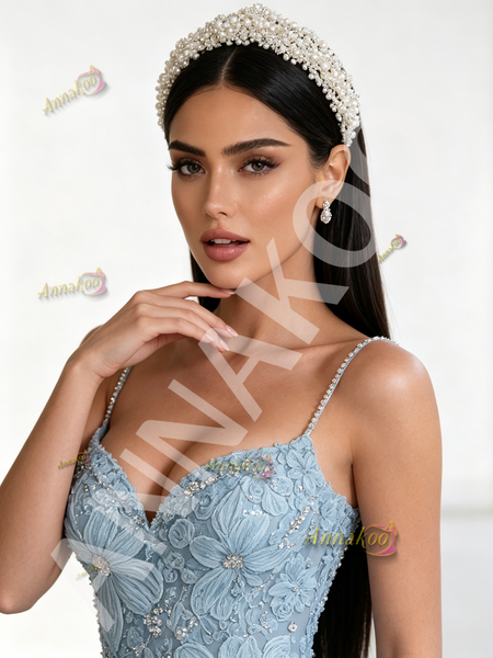 Shop 2026 ANNAKOO Light Blue Spaghetti Straps Tulle Rose Beading Sheath Column Prom Dress With Slit Under 298