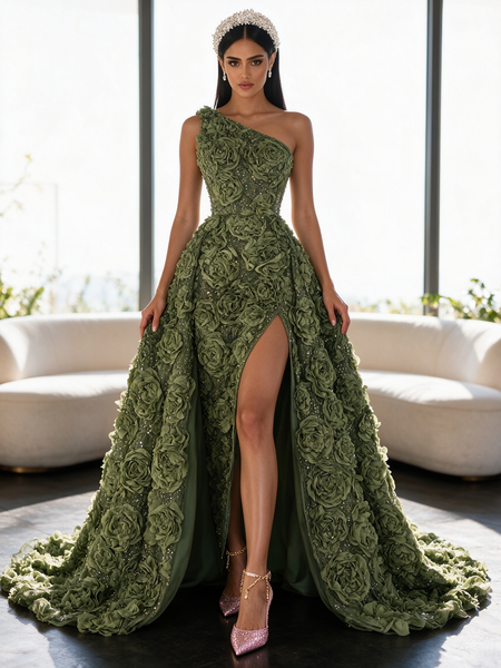 One Shoulder Olive Green A Line Detachable Train Rose Sequin Prom Dress With Slit