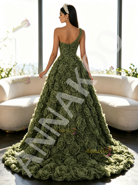  One Shoulder Olive Green A Line Detachable Train Rose Sequin Prom Dress With Slit