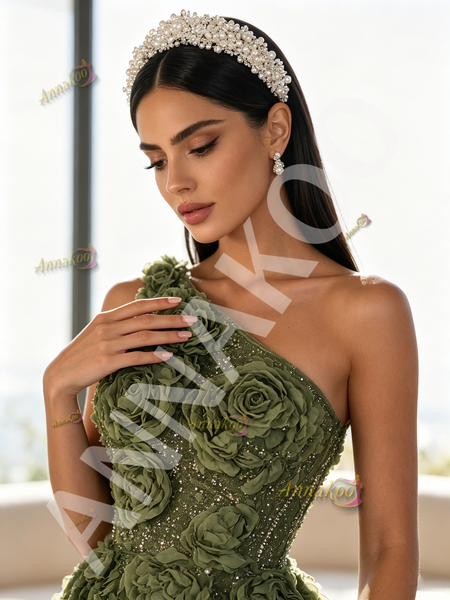  One Shoulder Olive Green A Line Detachable Train Rose Sequin Prom Dress With Slit