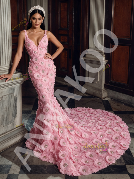 Shop 2026 ANNAKOO Pink Spaghetti Straps Flower Beading Sweep Train Trumpet Mermaid Prom Dress Under 398