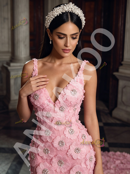 Shop 2026 ANNAKOO Pink Spaghetti Straps Flower Beading Sweep Train Trumpet Mermaid Prom Dress Under 398