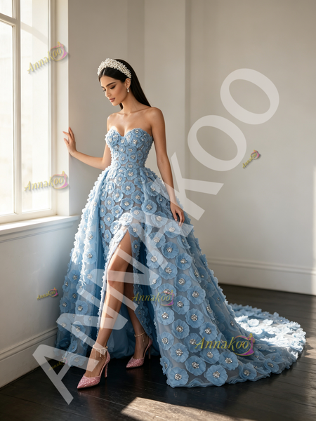 Shop 2026 ANNAKOO Sweetheart Sheath Column Flower Beading Blue Detachable Train Prom Dress Under 369