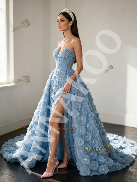 Shop 2026 ANNAKOO Sweetheart Sheath Column Flower Beading Blue Detachable Train Prom Dress Under 369