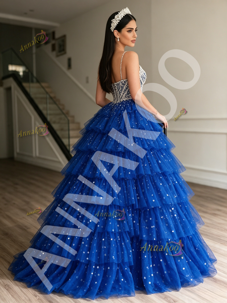 Shop 2026 ANNAKOO Blue Spaghetti Straps Beading Layers Sequin Ball Gown Prom Dress Under 339