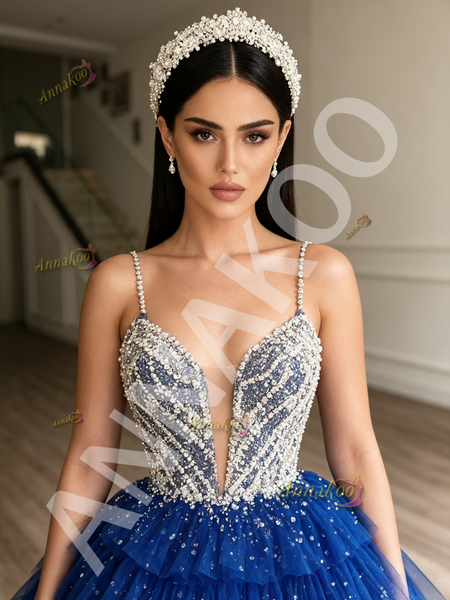 Shop 2026 ANNAKOO Blue Spaghetti Straps Beading Layers Sequin Ball Gown Prom Dress Under 339