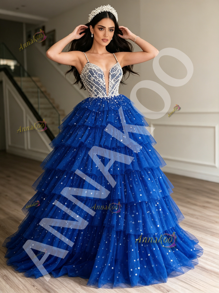 Shop 2026 ANNAKOO Blue Spaghetti Straps Beading Layers Sequin Ball Gown Prom Dress Under 339