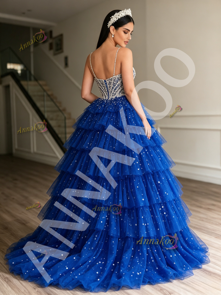 Shop 2026 ANNAKOO Blue Spaghetti Straps Beading Layers Sequin Ball Gown Prom Dress Under 339