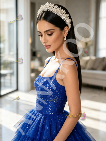 Shop 2026 ANNAKOO Royal Blue Straps Ball Gown Layers Sequin Tulle Prom Dress Under 239