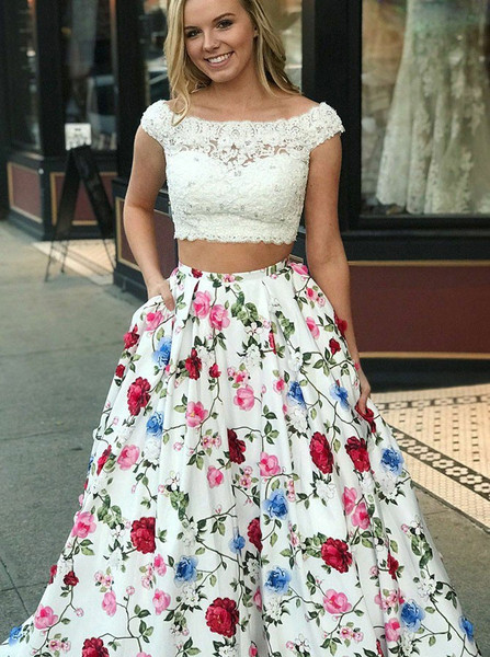 Keyhole Back Pockets Floral Satin Two Piece Bateau White Prom Dress 