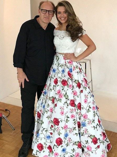 Keyhole Back Pockets Floral Satin Two Piece Bateau White Prom Dress 