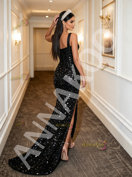 Black Sequin A Line Beading Prom Dress With Slit