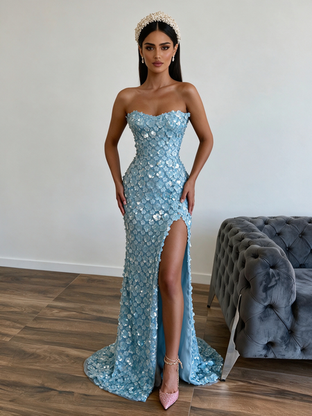 Shop 2026 ANNAKOO Blue Sequin Beading Sequin Sheath Column Prom Dress With Slit Under 298
