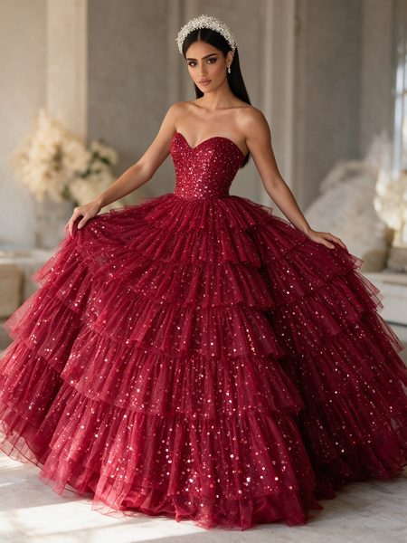 Deep Red Strapless Sequin Tiered Tulle Ball Gown Prom Dress