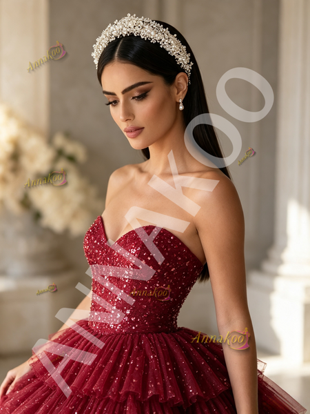Deep Red Strapless Sequin Tiered Tulle Ball Gown Prom Dress