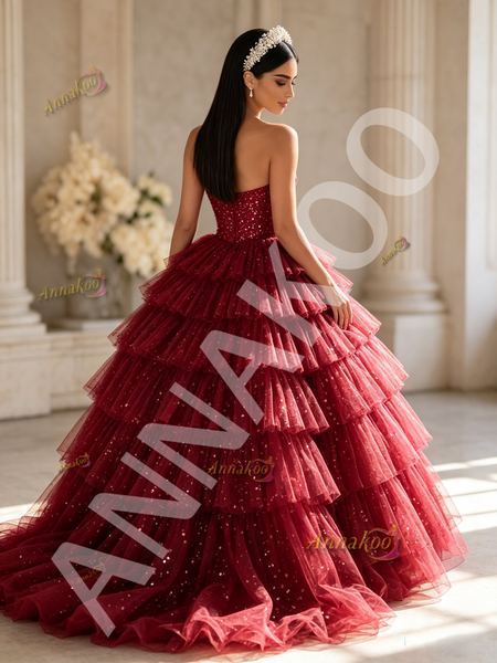 Deep Red Strapless Sequin Tiered Tulle Ball Gown Prom Dress