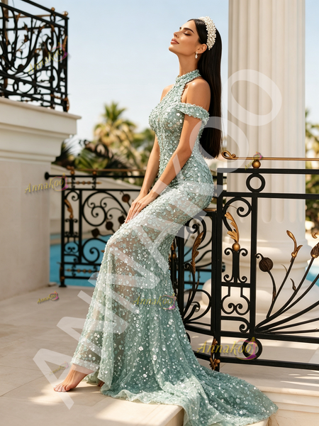 Shop 2026 ANNAKOO Halter Green Sequin Beading Trumpet Mermaid Prom Dress Under 298