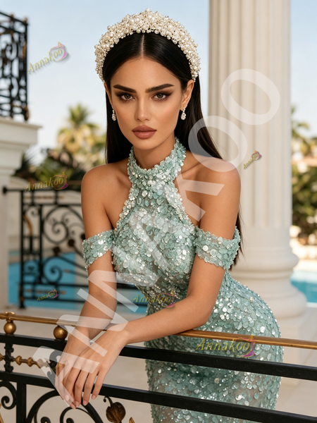 Shop 2026 ANNAKOO Halter Green Sequin Beading Trumpet Mermaid Prom Dress Under 298