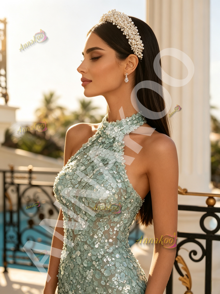 Shop 2026 ANNAKOO Halter Green Sequin Beading Trumpet Mermaid Prom Dress Under 298