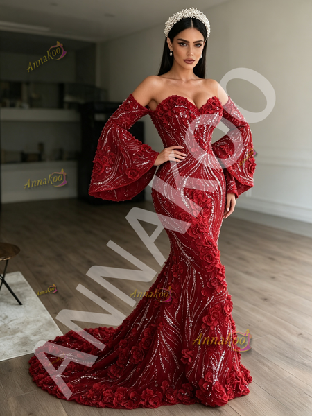 Shop 2026 ANNAKOO Burgundy Long Sleeves Sequin Flower Trumpet Mermaid Prom Dress Under 298