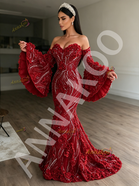 Shop 2026 ANNAKOO Burgundy Long Sleeves Sequin Flower Trumpet Mermaid Prom Dress Under 298