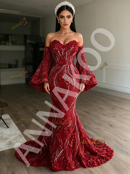Shop 2026 ANNAKOO Burgundy Long Sleeves Sequin Flower Trumpet Mermaid Prom Dress Under 298