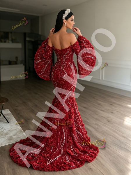 Shop 2026 ANNAKOO Burgundy Long Sleeves Sequin Flower Trumpet Mermaid Prom Dress Under 298