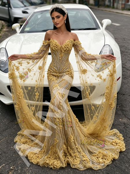 Shop 2026 ANNAKOO Gold Long Sleeve Cape Trumpet Mermaid Beading Flower Prom Dress Under 339