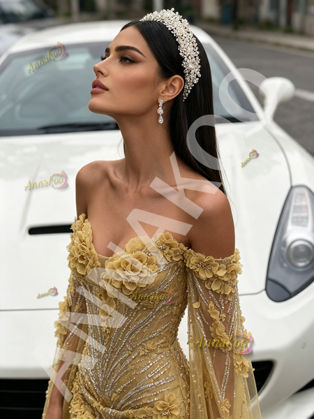 Shop 2026 ANNAKOO Gold Long Sleeve Cape Trumpet Mermaid Beading Flower Prom Dress Under 339
