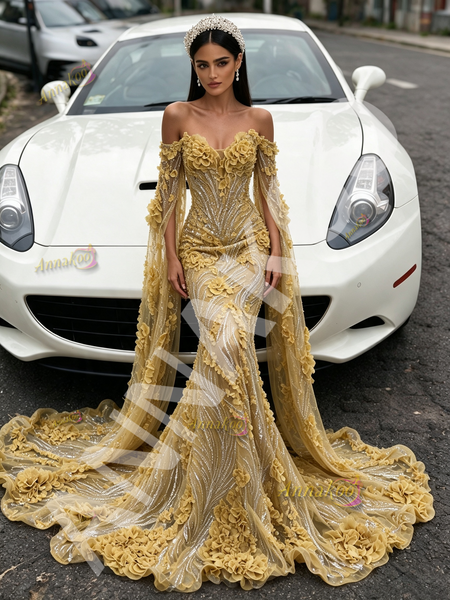 Shop 2026 ANNAKOO Gold Long Sleeve Cape Trumpet Mermaid Beading Flower Prom Dress Under 339