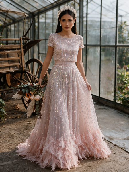 Shop 2026 ANNAKOO Pink Scoop Sequin Short Sleeves Tulle Feather A Line Prom Dress Under 298