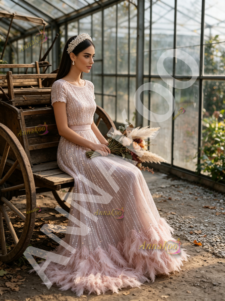 Shop 2026 ANNAKOO Pink Scoop Sequin Short Sleeves Tulle Feather A Line Prom Dress Under 298