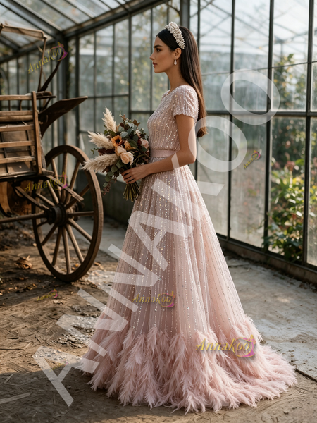 Shop 2026 ANNAKOO Pink Scoop Sequin Short Sleeves Tulle Feather A Line Prom Dress Under 298