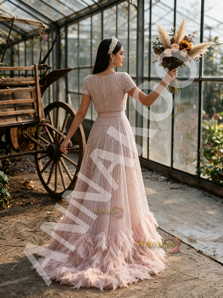 Shop 2026 ANNAKOO Pink Scoop Sequin Short Sleeves Tulle Feather A Line Prom Dress Under 298